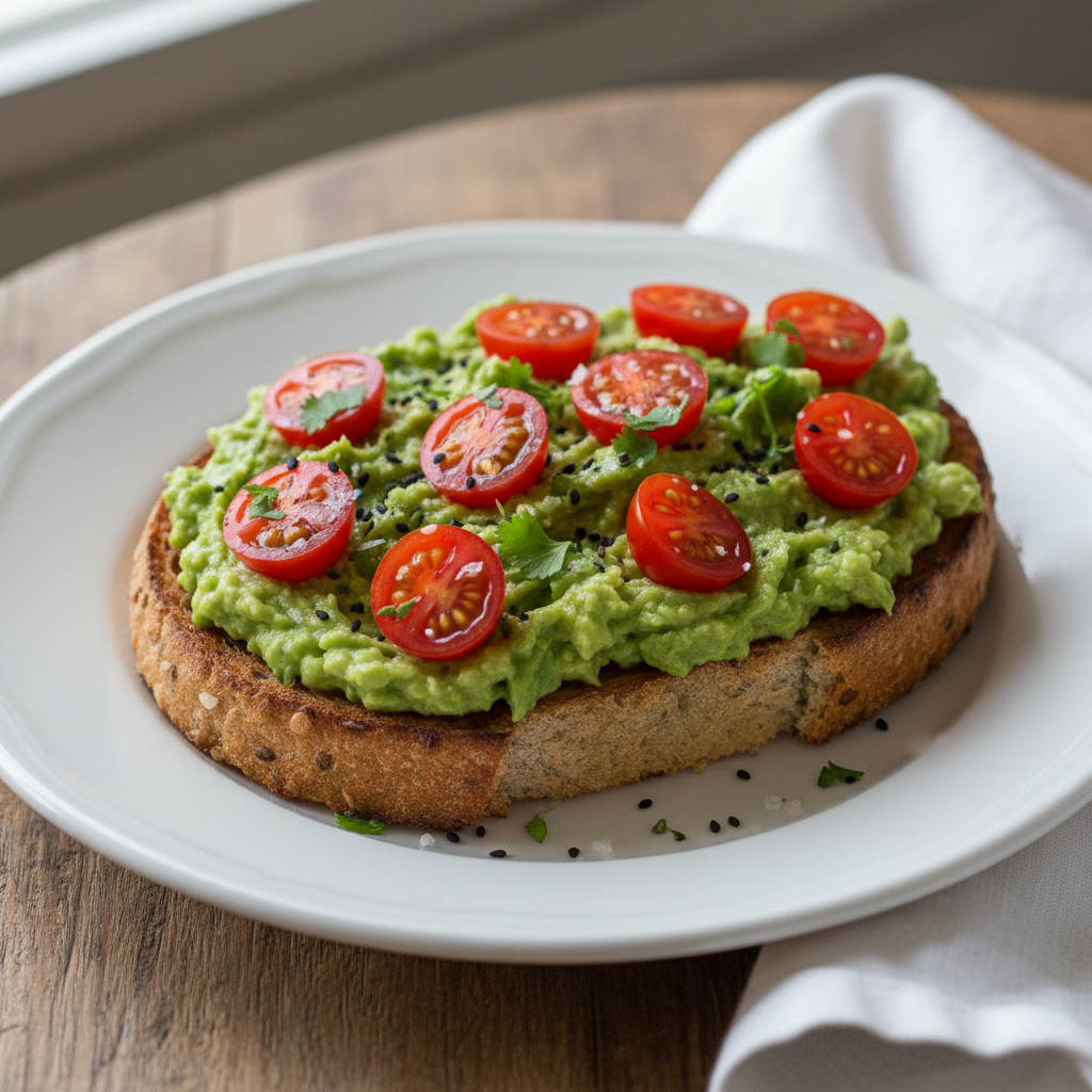 Bright green avocado toast with red cherry tomatoes on a white plate