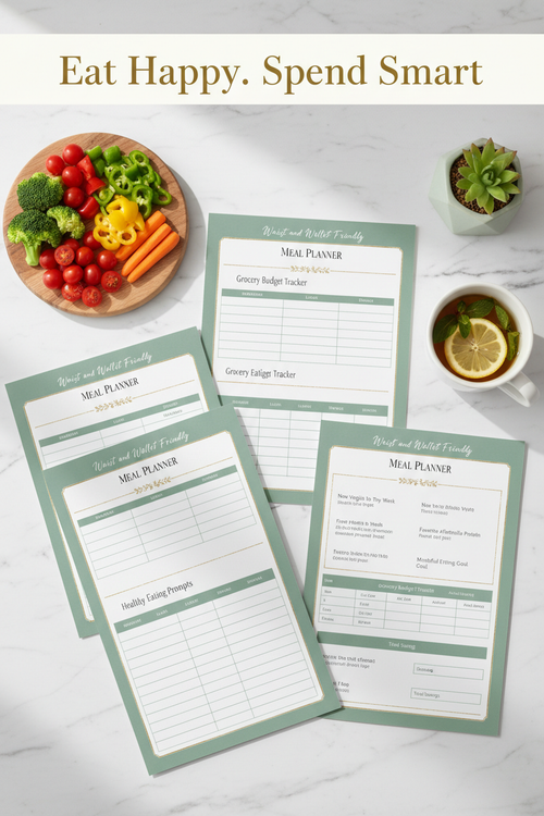 Waist and Wallet Friendly Meal Planner - Pinterest optimized flat lay with planner pages, fresh vegetables, and herbal tea on marble surface