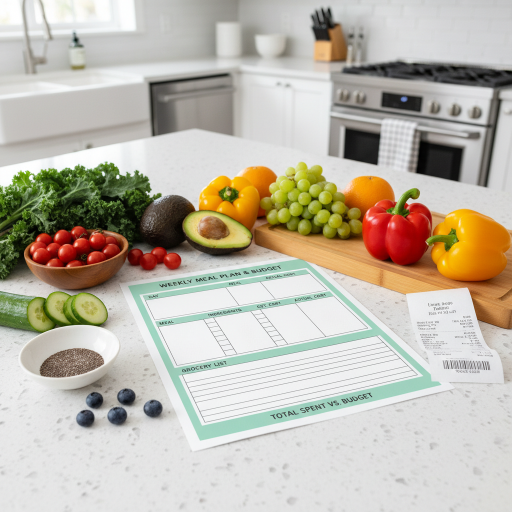 Budget Food Tracker printable on a kitchen counter surrounded by fresh vegetables and groceries