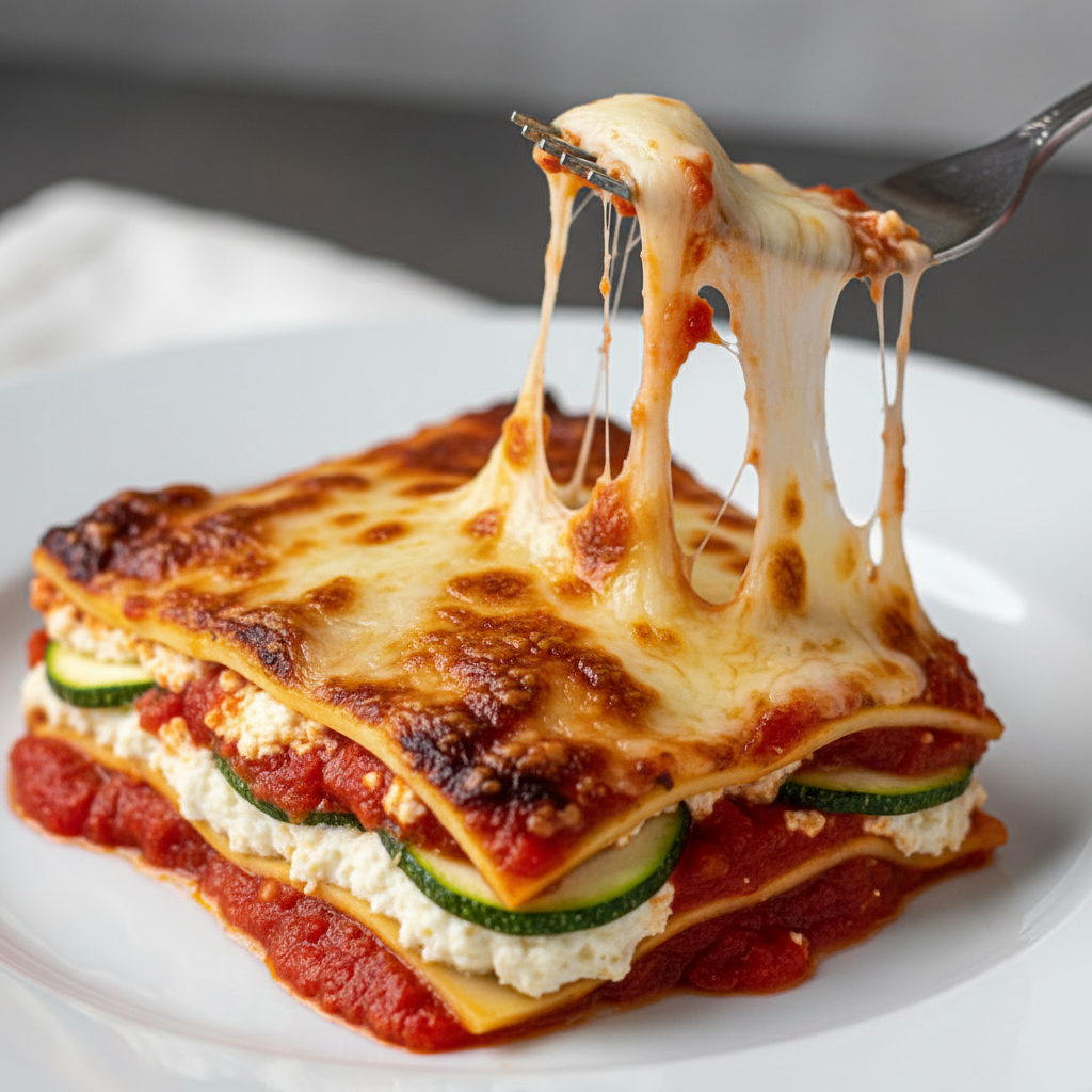 Zucchini lasagna with bright red tomato sauce and melted cheese on a white plate